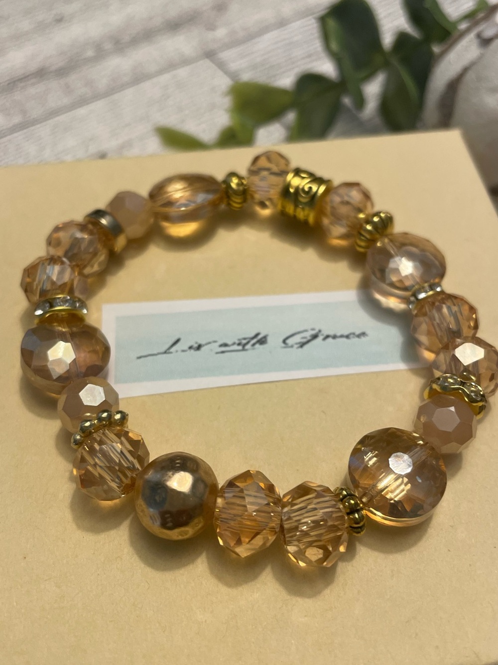 Champagne Crystal and Gold Accented Bracelet 10mm handmade stretch sparkle